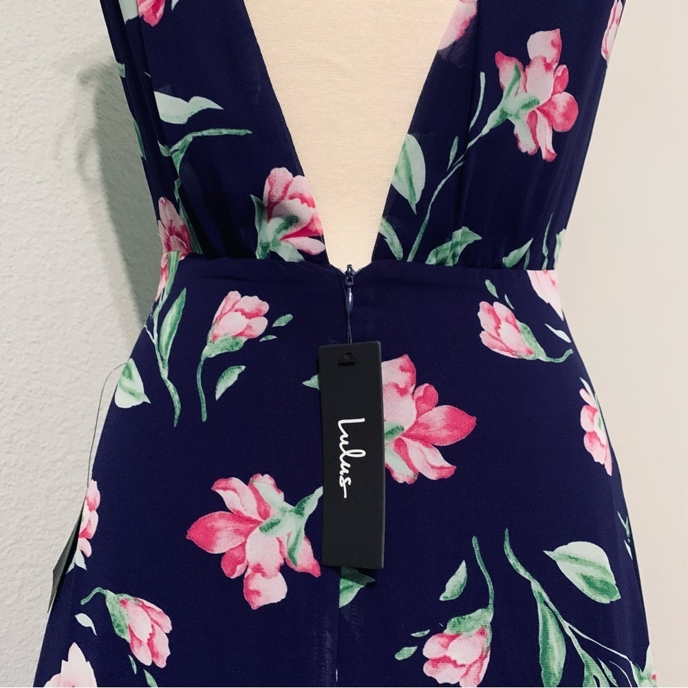Lulu’s New V-Neck Sleeveless Navy Floral Print Maxi Prom Bridesmaid Dress Size M - Picture 12 of 16